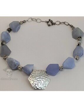 Massive 157g Artisan Sterling Silver & Blue Chalcedony Necklace Hammered Hexagon